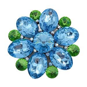 Vintage Statement Brooch Aqua Blue Lime Green Pot Metal Open Back Crystal Flower